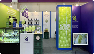 초록·보라 테마의 쇼케이스와 풍선형 디스플레이 포함 부스 전경